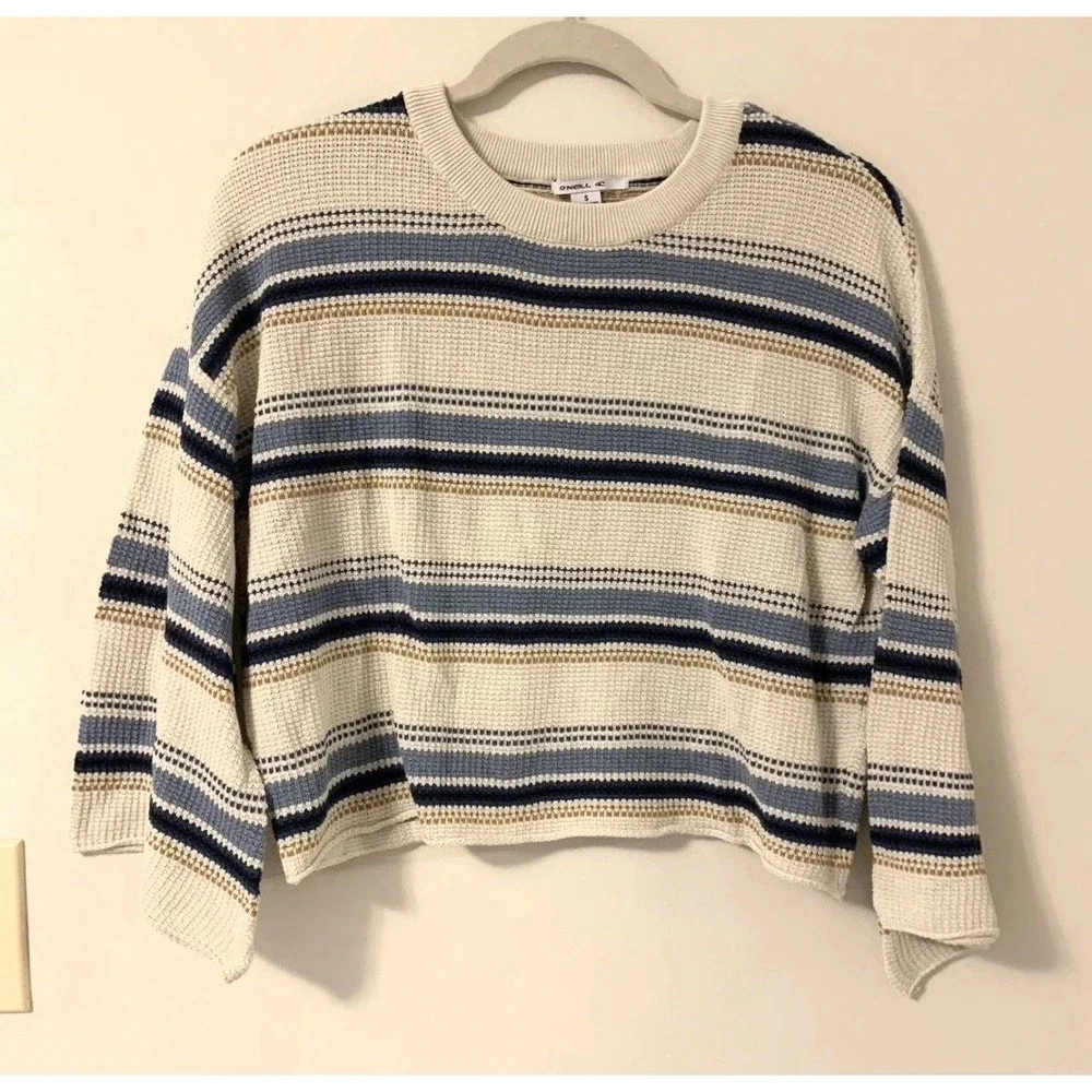 O'Neill Cropped Boxy Flared Sleeve Striped Surf Knit Sweater Woman's Size S Blue